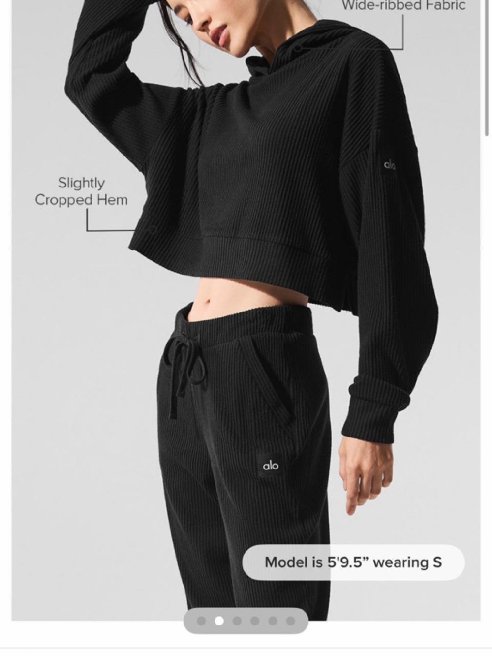 ALO Yoga Black Ribbed Cropped Hoodie & Joggers Set